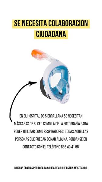 Llamamiento para todos los que tengan mascaras de buceo como esta en sus casas. El Hospital de Sierrallana de Torrelavega necesita todas las que pueda reunir, ya que la Universidad de Cantabria está haciendo, en impresoras 3D, los acoples para ponerlas el oxígeno, un sistema que se está realizando en otros hospitales de España y está funcionando.