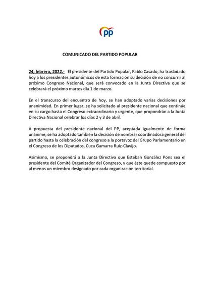 Crisis del PP en directo | Casado no dimite y pide a Feijóo que se presente como candidato al congreso, que será el 3 de abril