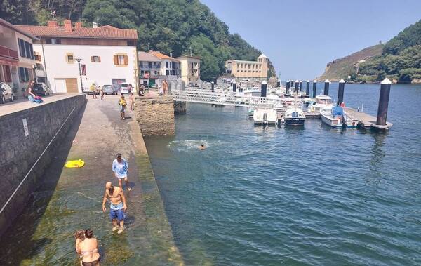 Varias familias en Pasaia se dan un chapuzón en la bahía. / Elena Viñas