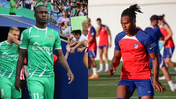 Isi Nana (i), con el Cornellá, y Cedric Teguia, con el Atlético.