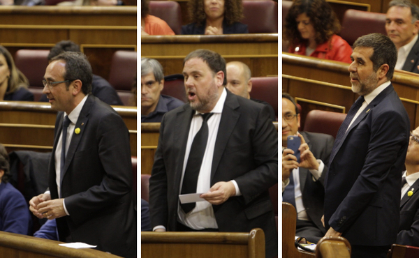Así han prometido su cargo por imperativo legal Josep Rull, Oriol Junqueras y Jordi Sànchez (Fotos: Óscar Chamorro).
