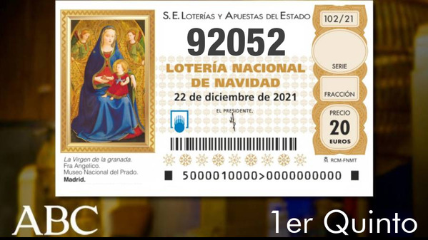 El 92052, primer quinto premio de la Lotería de Navidad 2021